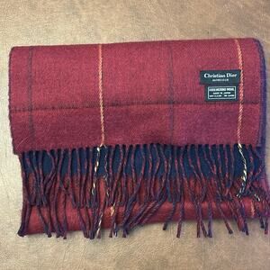 Christian Dior Monsieur 100% Marino Wool Red/Navy Plaid Scarf